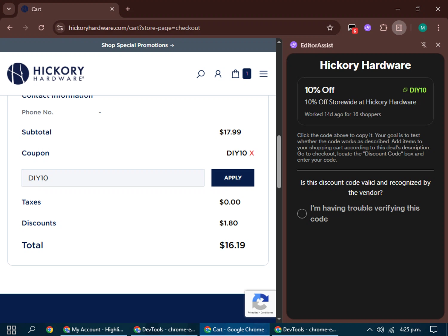 Hickory Hardware discount code screenshot showing code DIY10 applied at Hickory Hardware checkout page. Uploaded by SimplyCodes community member my_melody on Jun 8, 2025