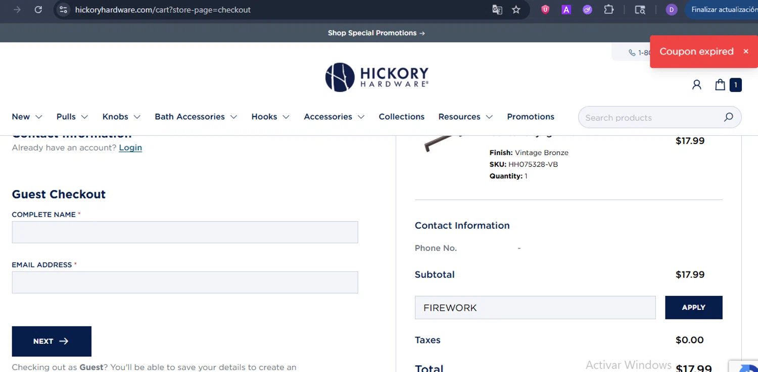 Hickory Hardware discount code screenshot showing code FIREWORK applied at Hickory Hardware checkout page. Uploaded by SimplyCodes community member ShieldCurator2100 on Jul 26, 2025