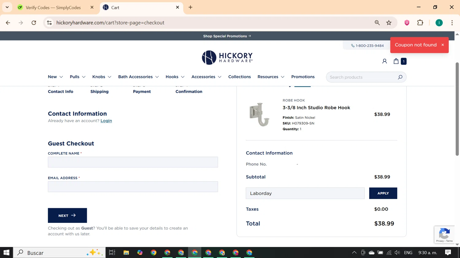 Hickory Hardware discount code screenshot showing code Laborday applied at Hickory Hardware checkout page. Uploaded by SimplyCodes community member ExtraordinaryKnight690 on Sep 23, 2025
