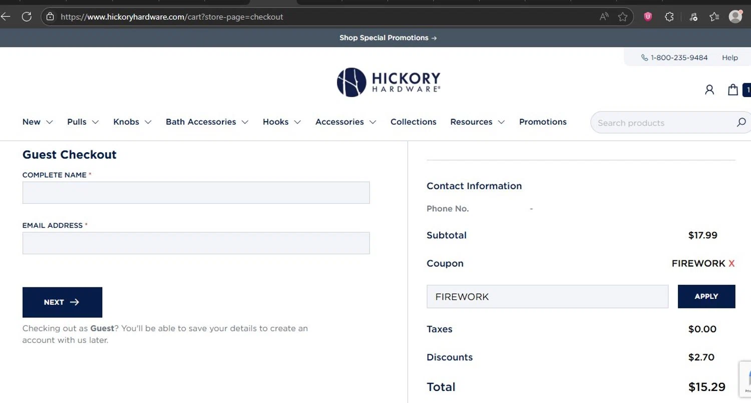 Hickory Hardware discount code screenshot showing code FIREWORK applied at Hickory Hardware checkout page. Uploaded by SimplyCodes community member HonestVzla on Jun 27, 2025