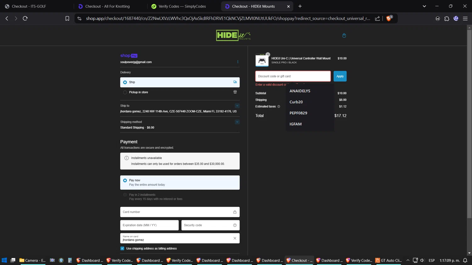 HIDEit Mounts discount code screenshot showing code TIKTOK10 applied at HIDEit Mounts checkout page. Uploaded by SimplyCodes community member Amidamaru on Jan 1, 2025