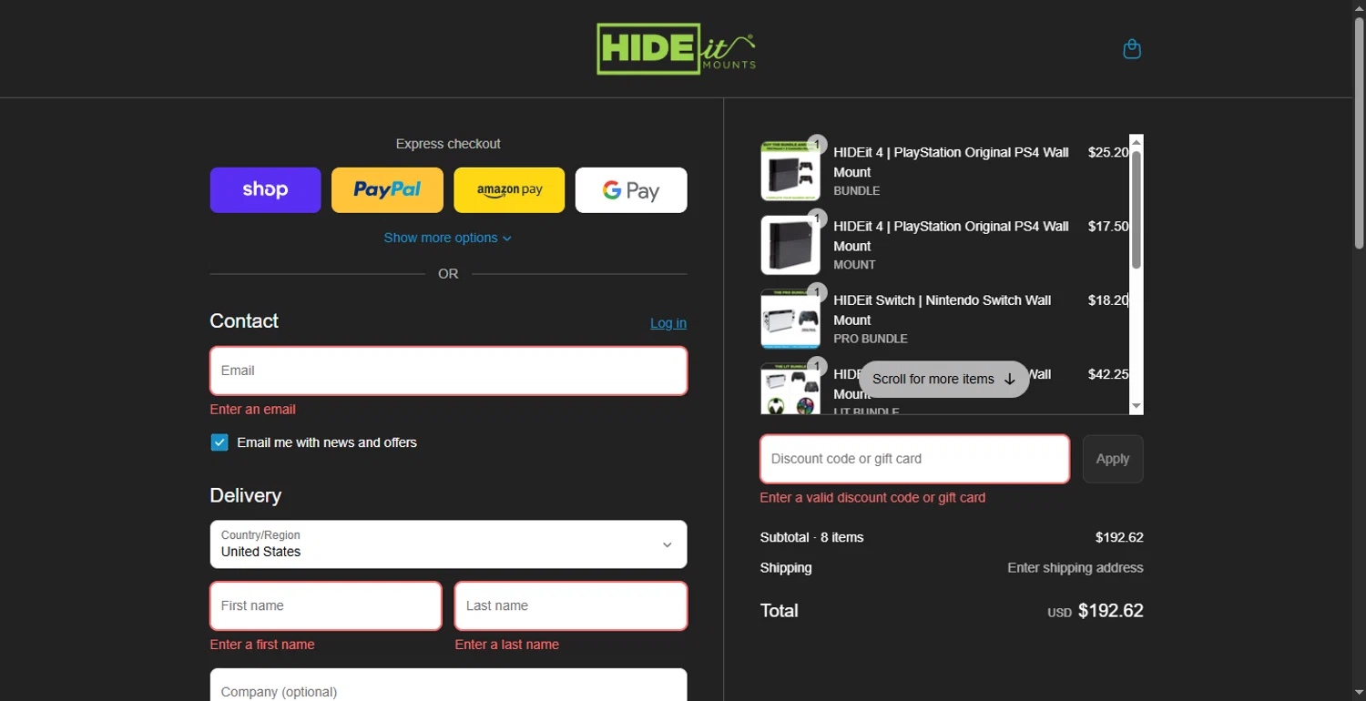 HIDEit Mounts discount code screenshot showing code MOUNT15 applied at HIDEit Mounts checkout page. Uploaded by SimplyCodes community member RewardLion6202 on Aug 31, 2025