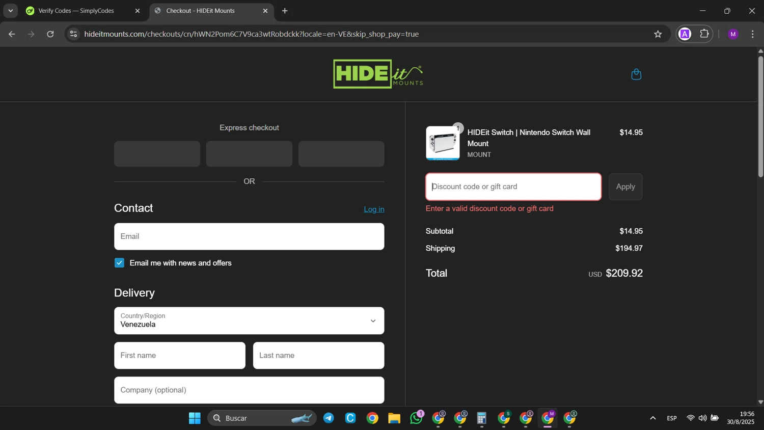 HIDEit Mounts discount code screenshot showing code MOUNT15 applied at HIDEit Mounts checkout page. Uploaded by SimplyCodes community member jinwoo on Aug 30, 2025