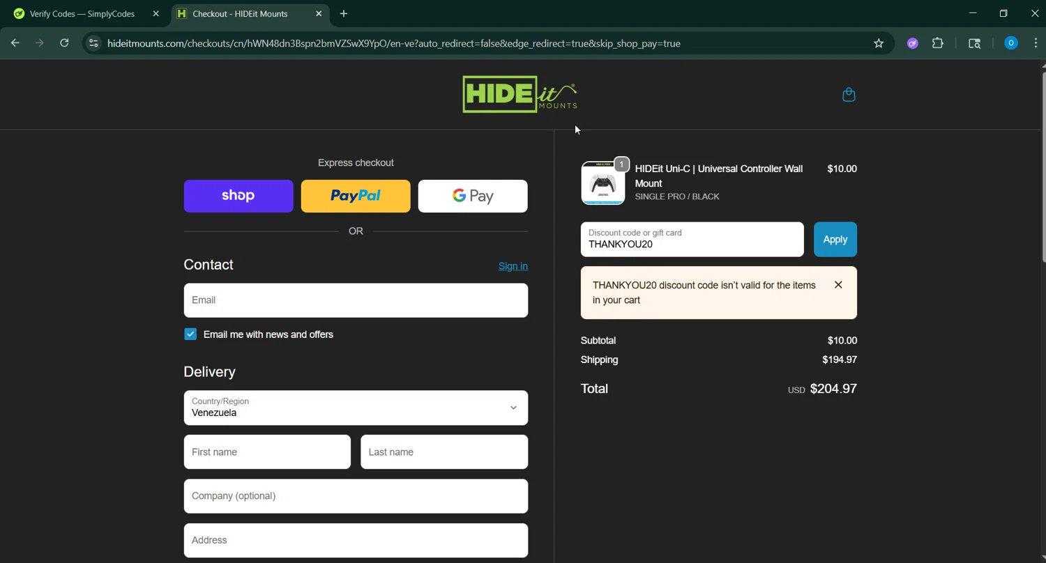 HIDEit Mounts discount code screenshot showing code THANKYOU20 applied at HIDEit Mounts checkout page. Uploaded by SimplyCodes community member RoyalSage9159 on Oct 15, 2025