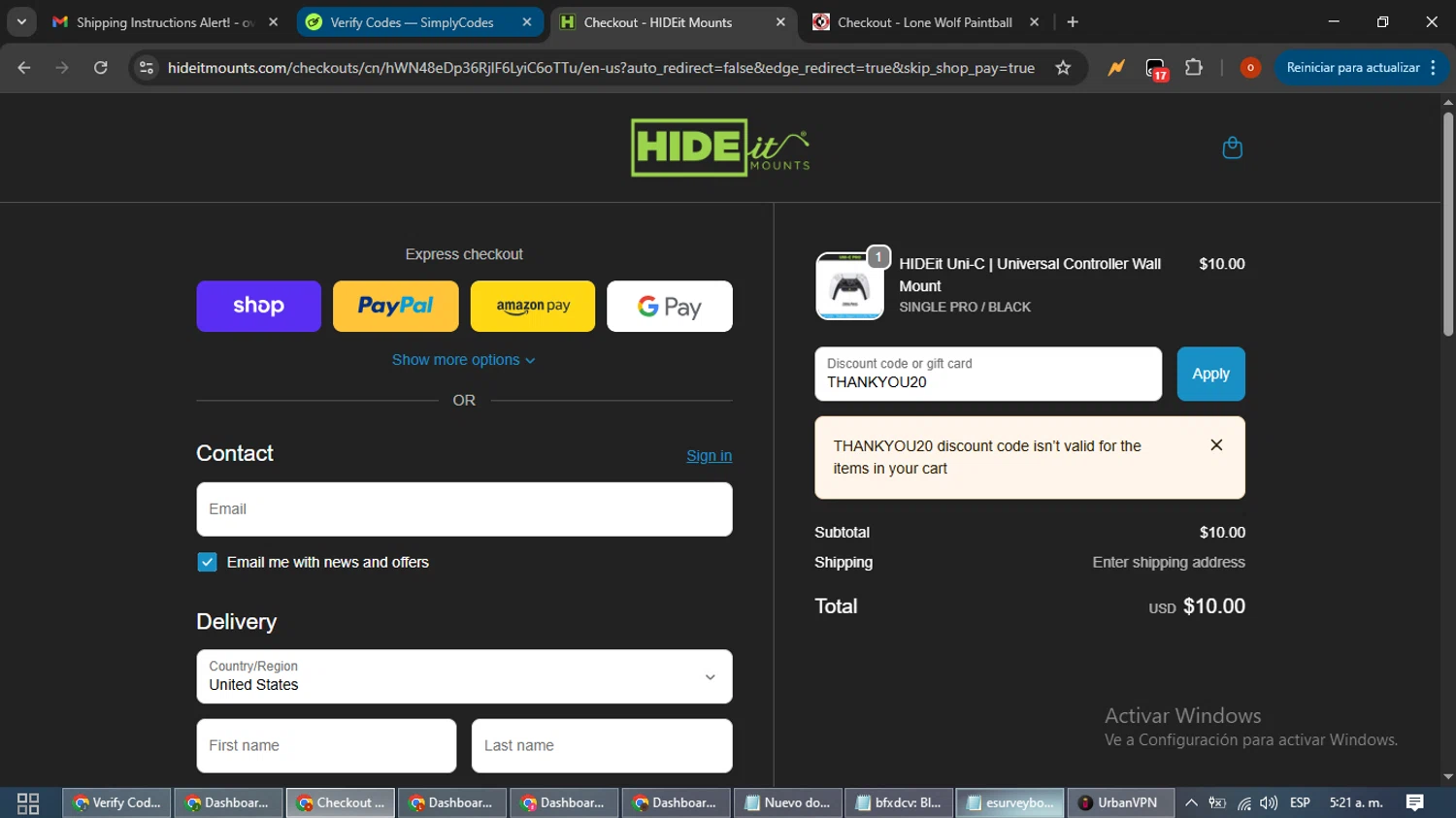 HIDEit Mounts discount code screenshot showing code THANKYOU20 applied at HIDEit Mounts checkout page. Uploaded by SimplyCodes community member WiseTracker2171 on Oct 15, 2025