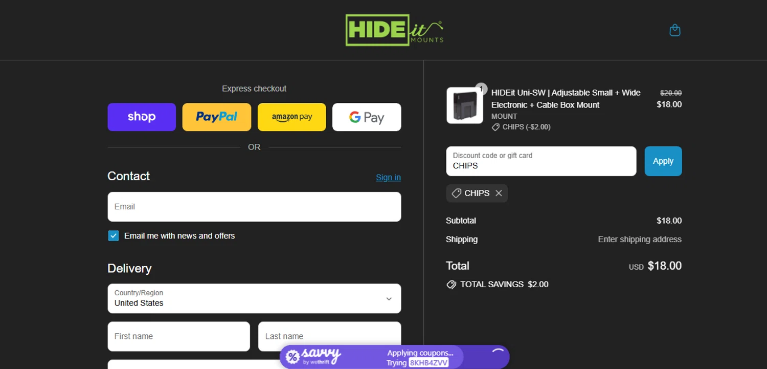 HIDEit Mounts discount code screenshot showing code CHIPS applied at HIDEit Mounts checkout page. Uploaded by SimplyCodes community member shark12 on Sep 14, 2025