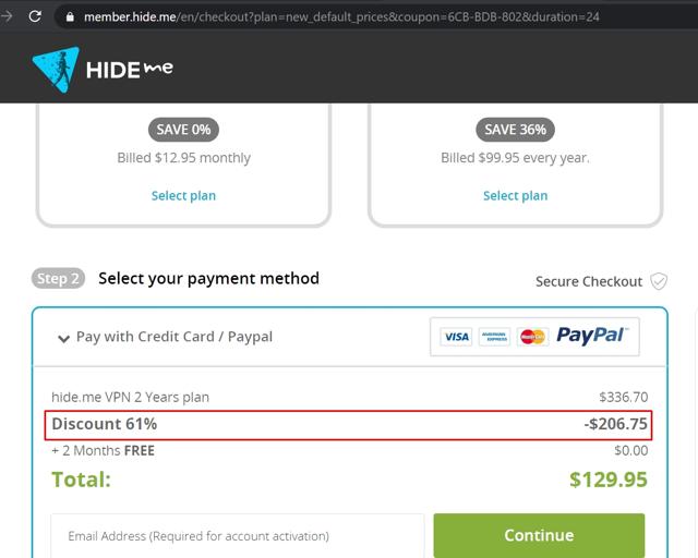 hide.me checkout page showing hide.me promo code box | Screenshot taken by SimplyCodes community member on Dec 11, 2020