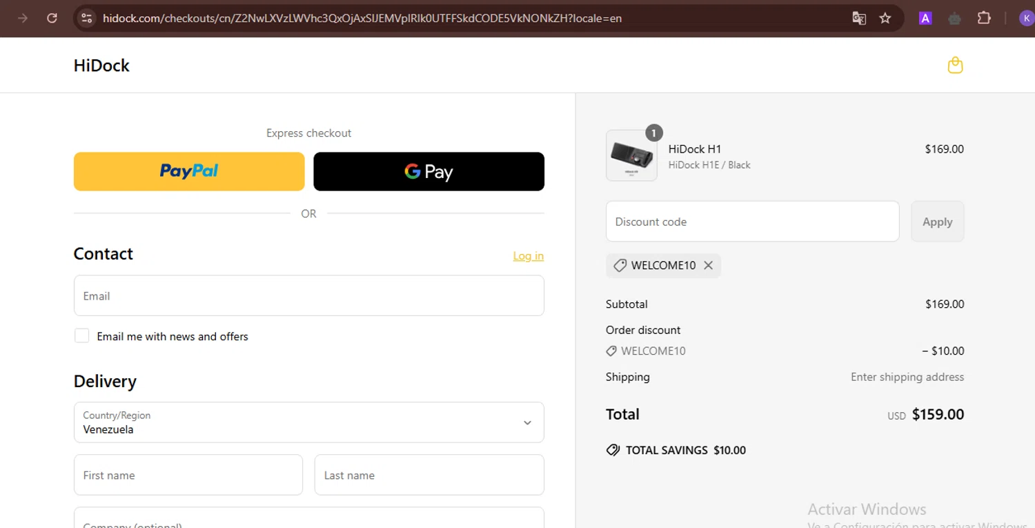 HiDock discount code screenshot showing code WELCOME10 applied at HiDock checkout page. Uploaded by SimplyCodes community member FortunateDefender3676 on Apr 9, 2025