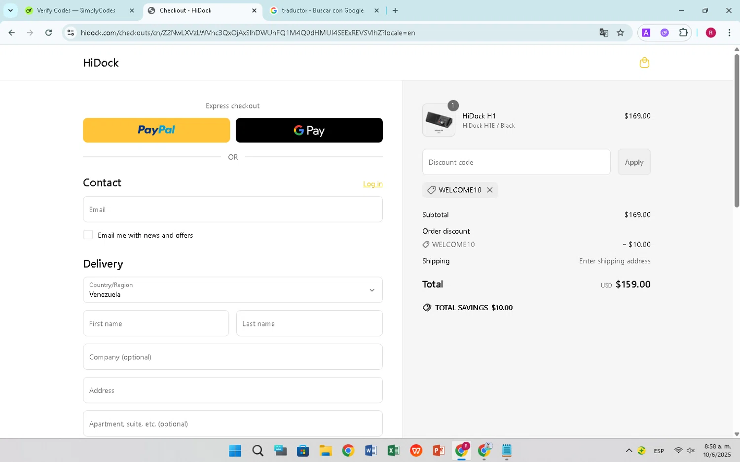 HiDock discount code screenshot showing code WELCOME10 applied at HiDock checkout page. Uploaded by SimplyCodes community member ShrewdExpert5705 on Jun 10, 2025