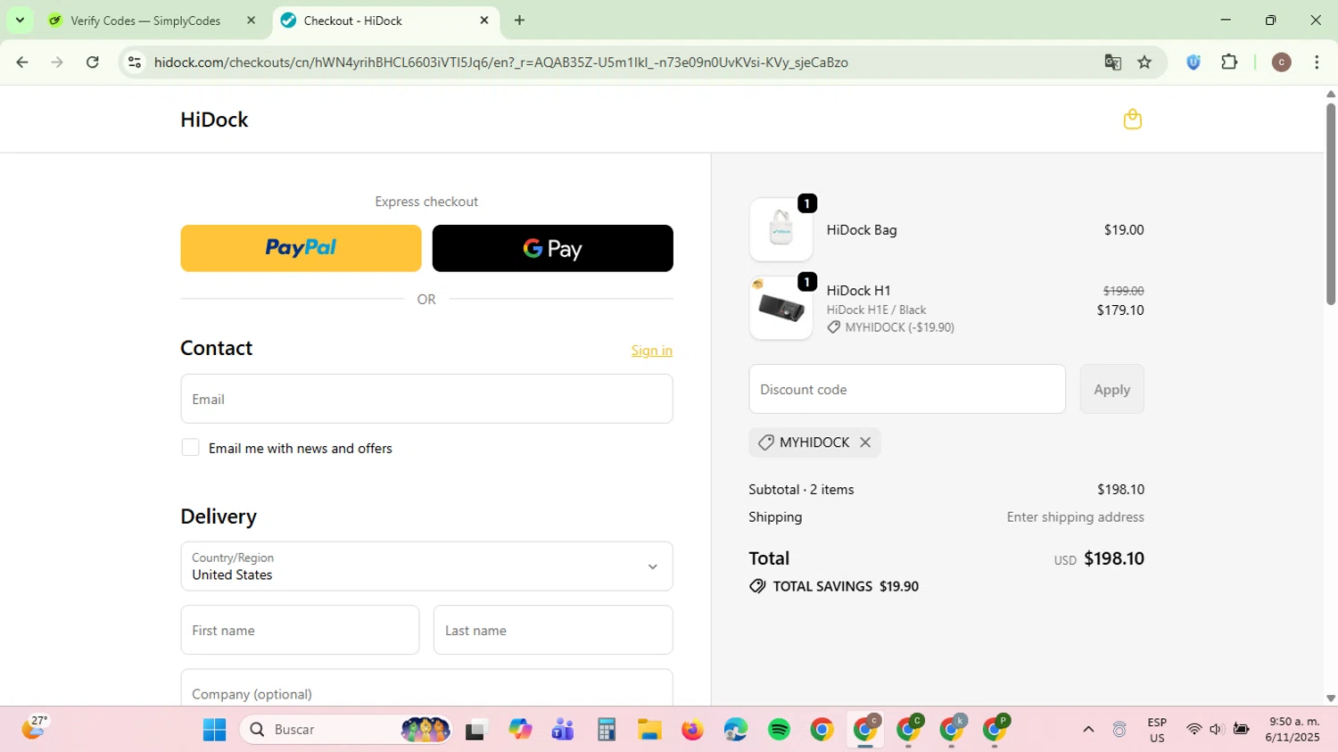 HiDock discount code screenshot showing code MYHIDOCK applied at HiDock checkout page. Uploaded by SimplyCodes community member NobleExpert6497 on Nov 6, 2025