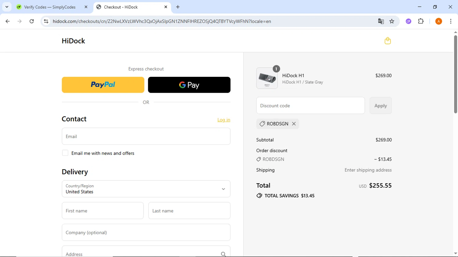 HiDock discount code screenshot showing code ROBDSGN applied at HiDock checkout page. Uploaded by SimplyCodes community member ThriftyMaverick437 on Jul 6, 2025