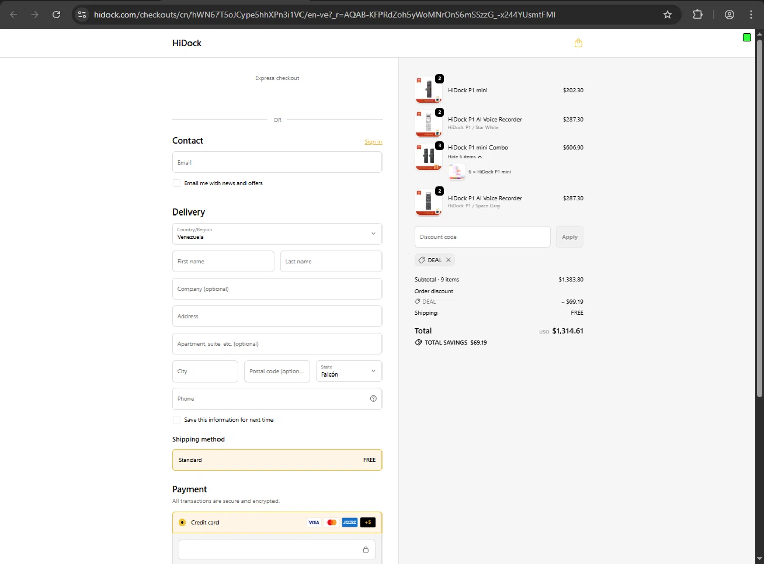 HiDock discount code screenshot showing code DEAL applied at HiDock checkout page. Uploaded by SimplyCodes community member RINITOSHI on Dec 6, 2025