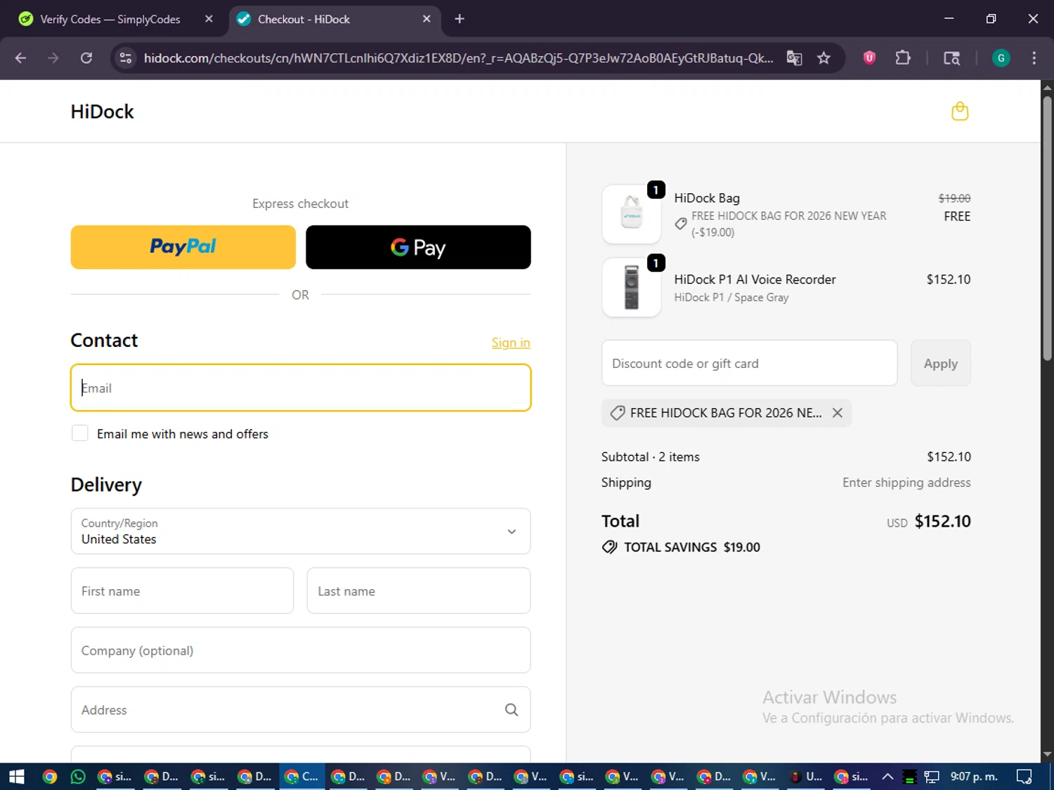 HiDock discount code screenshot showing code HiDock applied at HiDock checkout page. Uploaded by SimplyCodes community member PennyFinder5759 on Jan 4, 2026