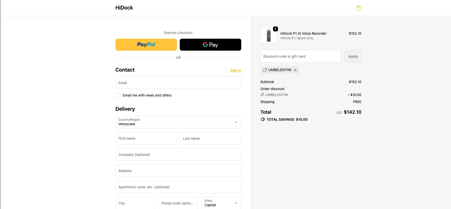 HiDock promo code screenshot showing code umbelentini applied at HiDock checkout page. Uploaded by SimplyCodes community member ELOIN777 on Jan 11, 2026