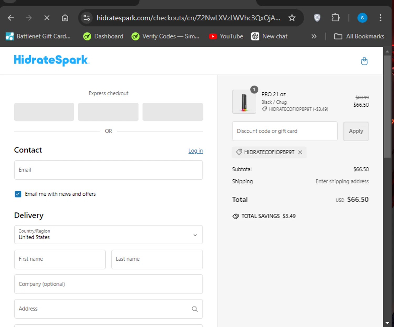 where to use Hidrate Spark promo code box
