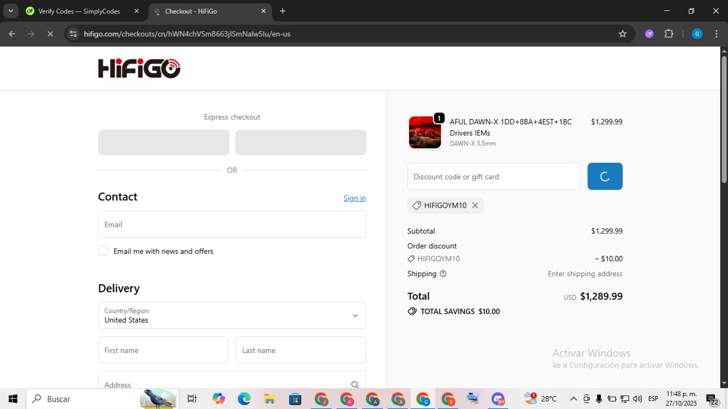 HiFiGo discount code screenshot showing code HIFIGOYM10 applied at HiFiGo checkout page. Uploaded by SimplyCodes community member FrugalLynx8088 on Oct 28, 2025