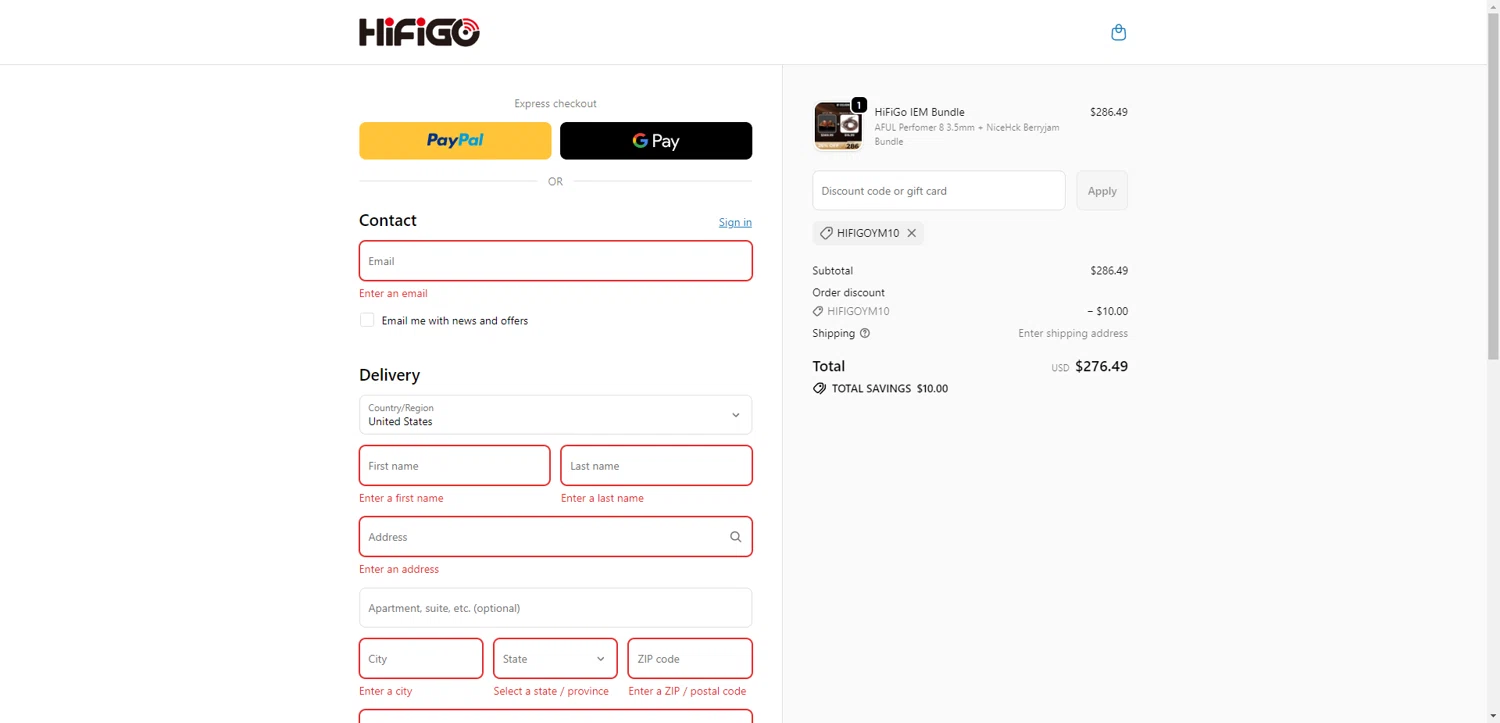HiFiGo discount code screenshot showing code HIFIGOYM10 applied at HiFiGo checkout page. Uploaded by SimplyCodes community member RewardTitan728 on Nov 25, 2025