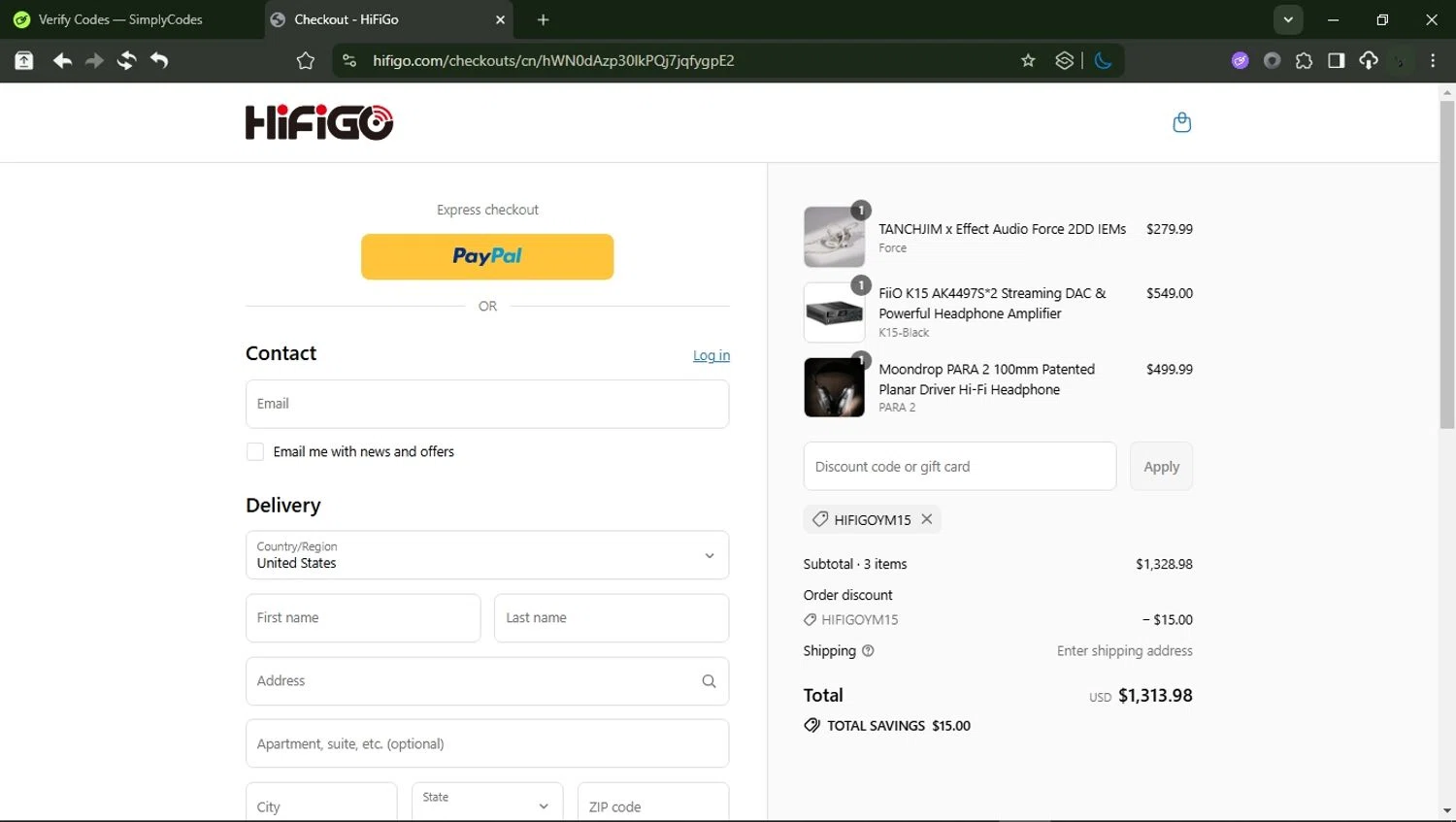 HiFiGo discount code screenshot showing code HIFIGOYM15 applied at HiFiGo checkout page. Uploaded by SimplyCodes community member RewardMonarch1185 on Jul 14, 2025