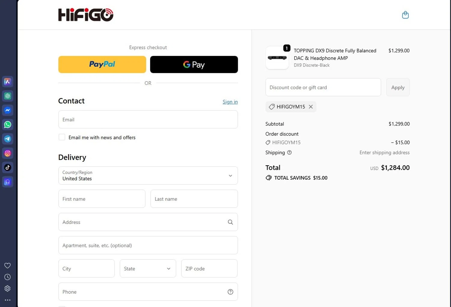 HiFiGo discount code screenshot showing code HIFIGOYM15 applied at HiFiGo checkout page. Uploaded by SimplyCodes community member andrescarreraborges on Oct 19, 2025