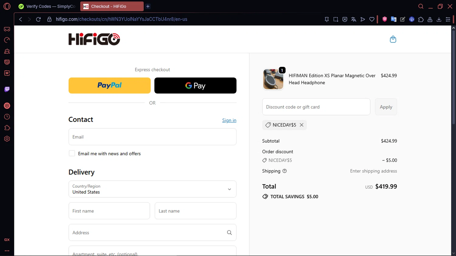 HiFiGo discount code screenshot showing code NICEDAY$5 applied at HiFiGo checkout page. Uploaded by SimplyCodes community member MoneySentinel1166 on Sep 30, 2025