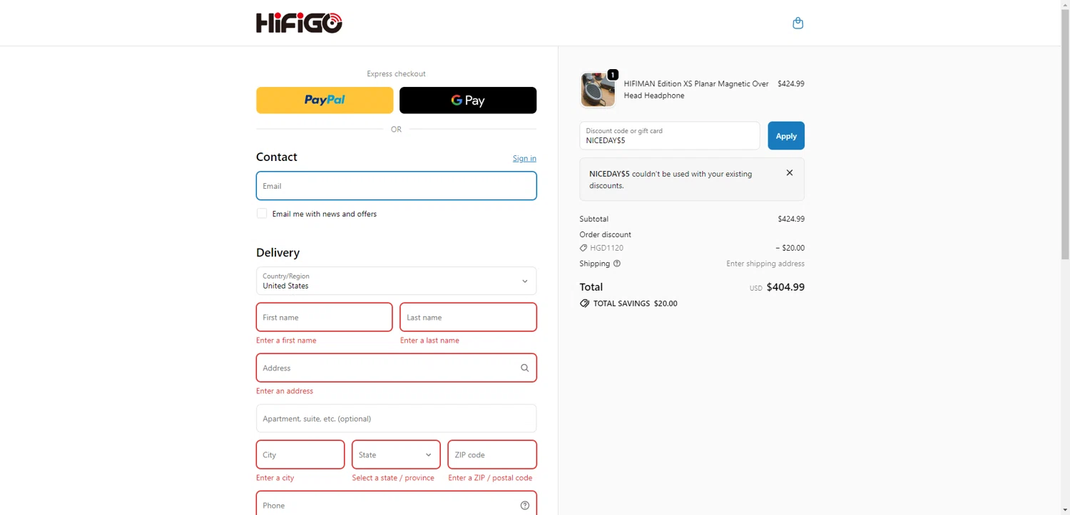 HiFiGo discount code screenshot showing code NICEDAY$5 applied at HiFiGo checkout page. Uploaded by SimplyCodes community member NobleMaestro6498 on Nov 4, 2025