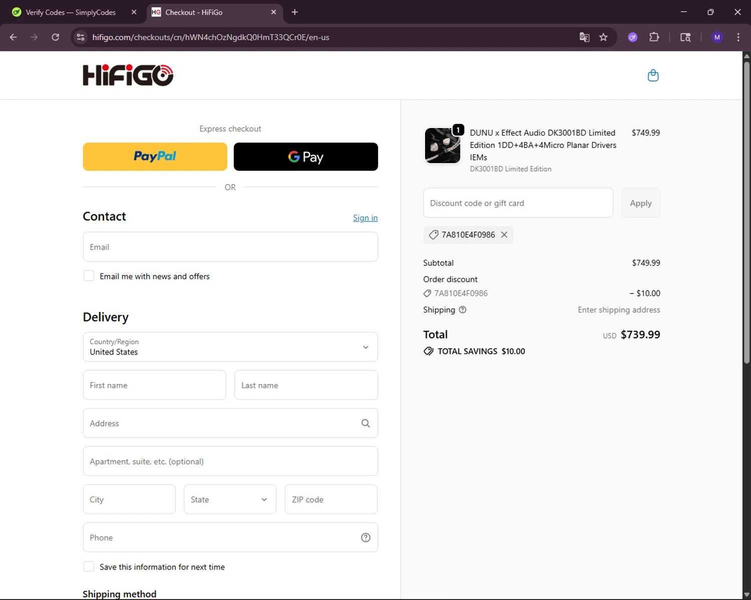 HiFiGo discount code screenshot showing code 7A810E4F0986 applied at HiFiGo checkout page. Uploaded by SimplyCodes community member RewardLynx5307 on Oct 28, 2025