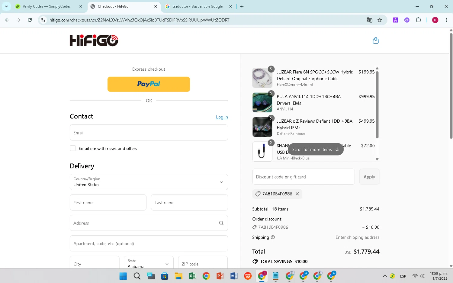 HiFiGo discount code screenshot showing code 7A810E4F0986 applied at HiFiGo checkout page. Uploaded by SimplyCodes community member ShrewdExpert5705 on Jul 2, 2025