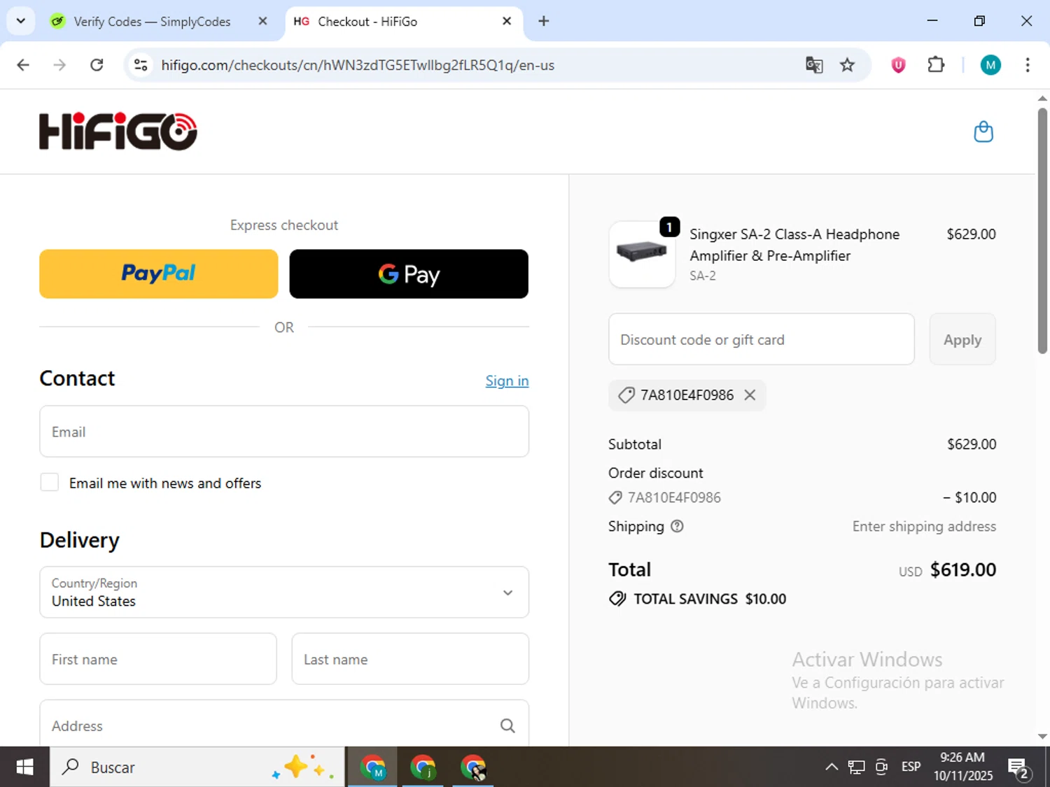 HiFiGo discount code screenshot showing code 7A810E4F0986 applied at HiFiGo checkout page. Uploaded by SimplyCodes community member estrellaveloz on Oct 11, 2025