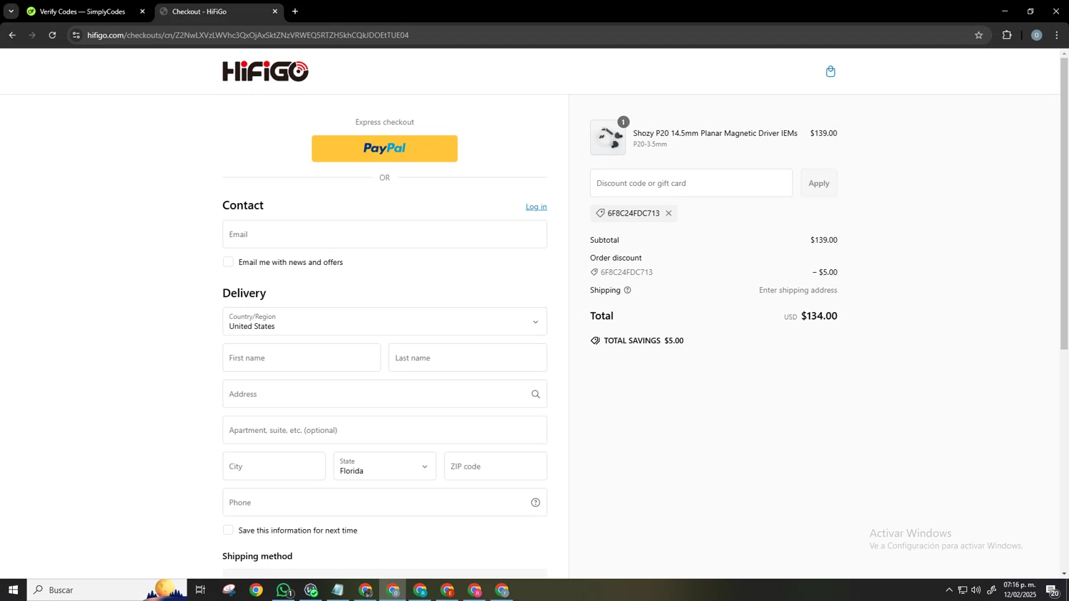 HiFiGo discount code screenshot showing code 6F8C24FDC713 applied at HiFiGo checkout page. Uploaded by SimplyCodes community member Neonvalo on Feb 12, 2025