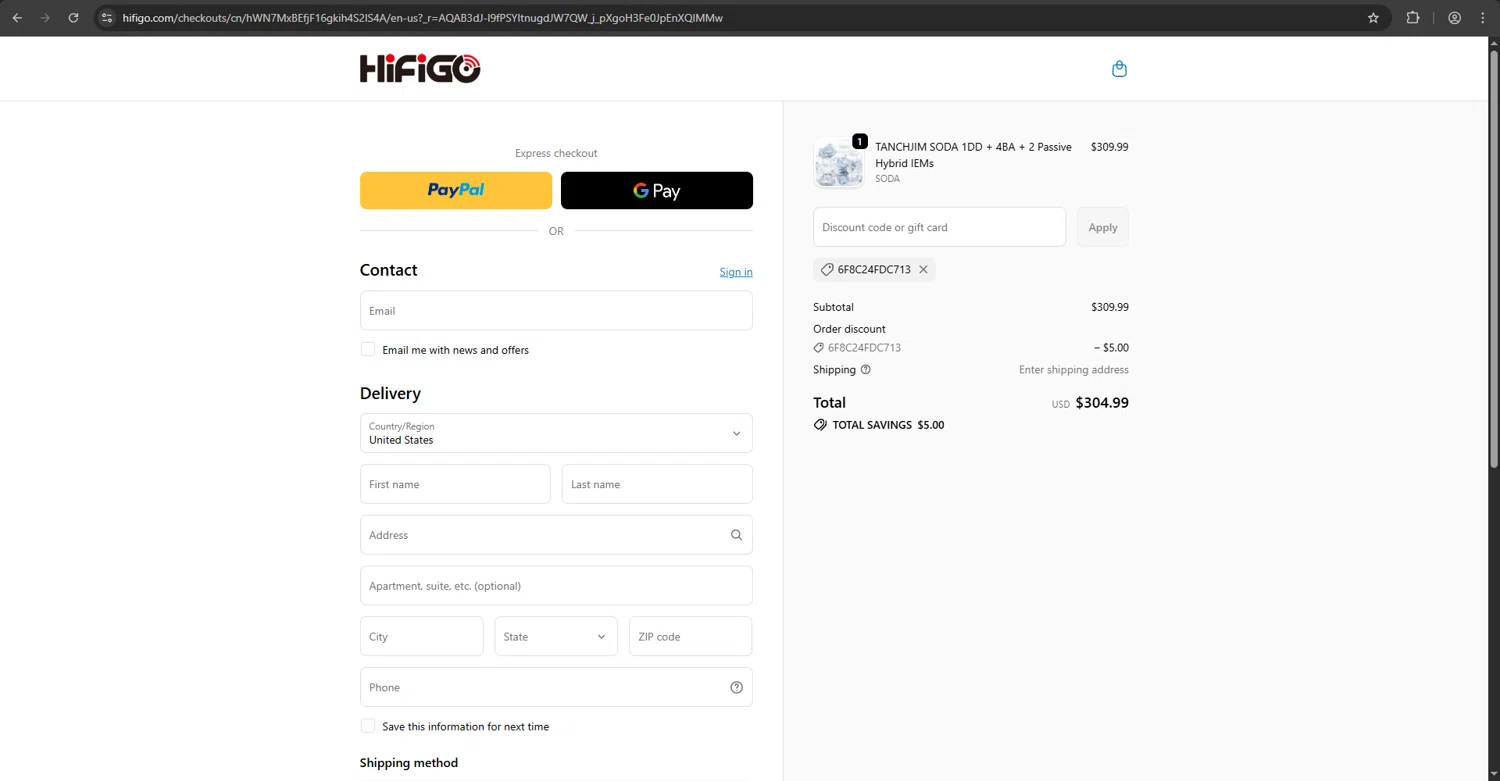 HiFiGo checkout page showing HiFiGo discount code box | Screenshot taken by SimplyCodes community member on Jan 8, 2026