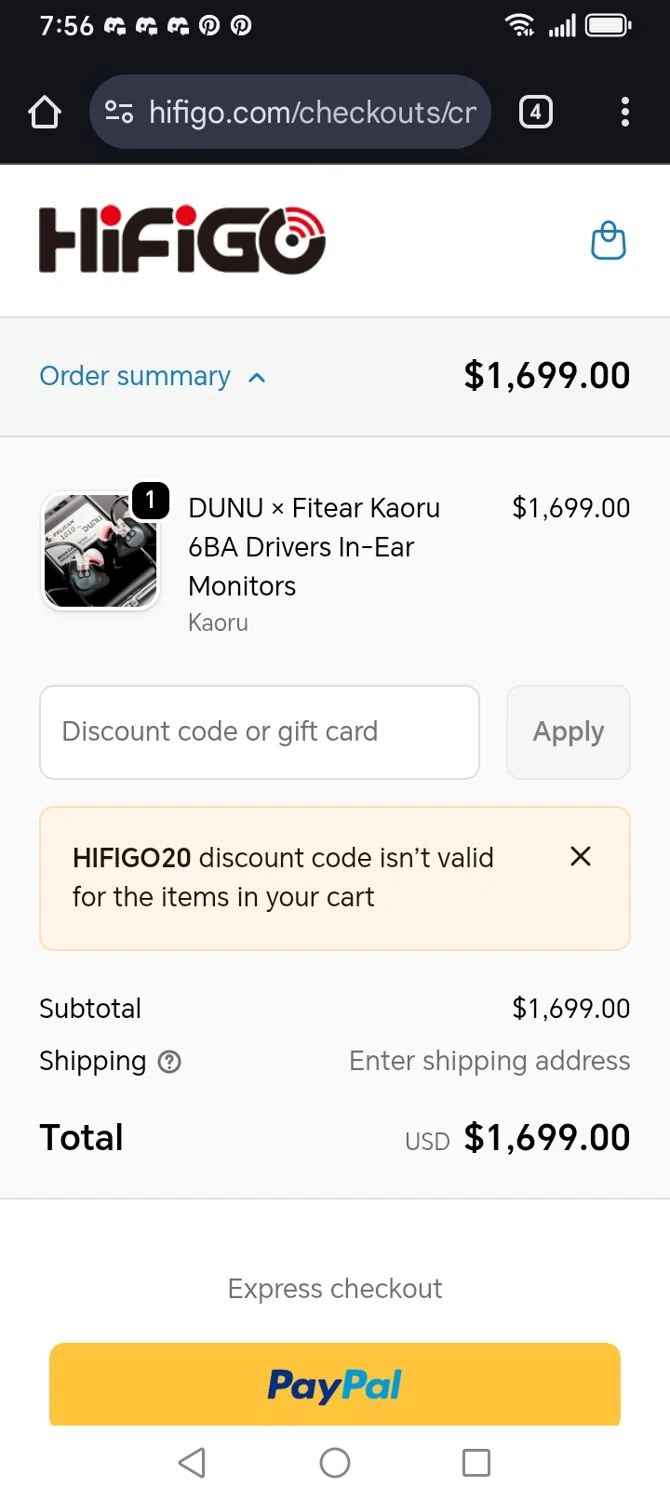 HiFiGo checkout page showing HiFiGo discount code box | Screenshot taken by SimplyCodes community member on Jan 8, 2026
