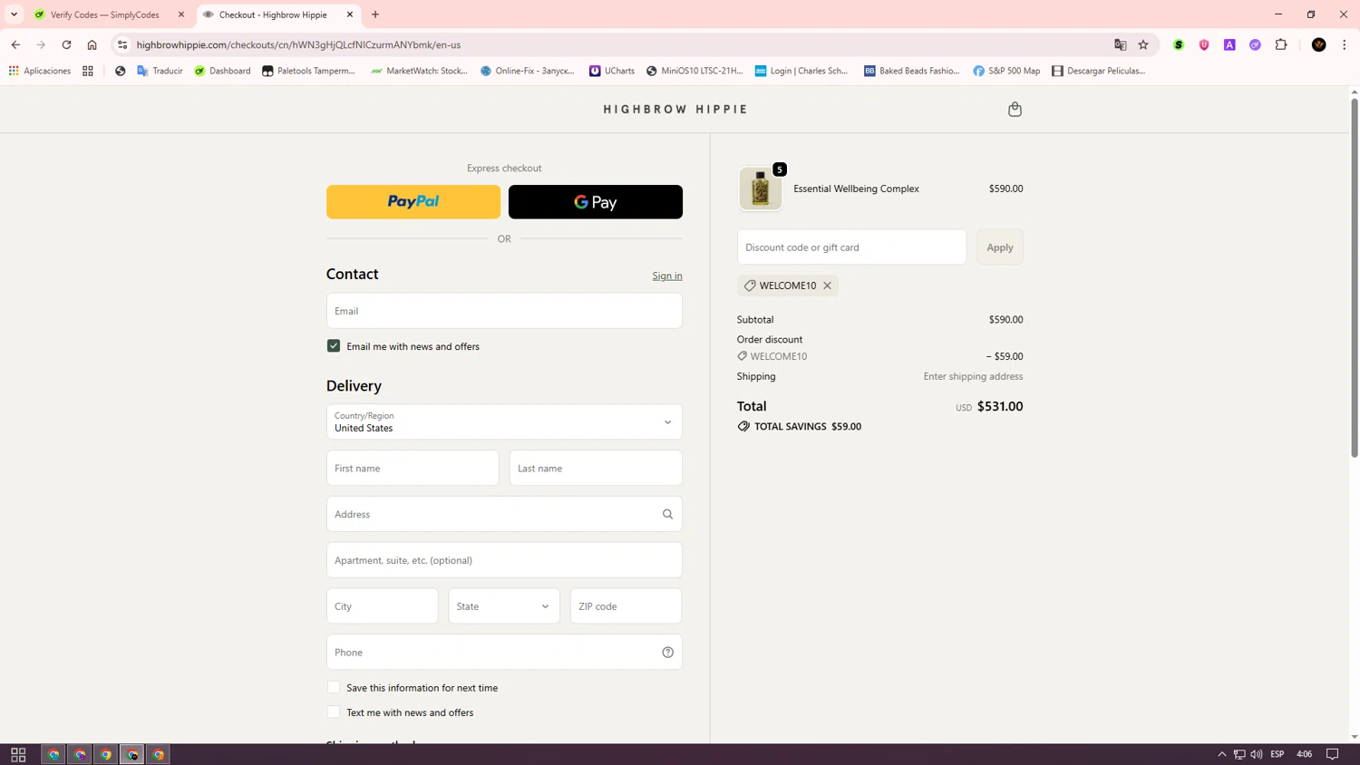 Highbrow Hippie discount code screenshot showing code WELCOME10 applied at Highbrow Hippie checkout page. Uploaded by SimplyCodes community member Alkelino74 on Oct 3, 2025
