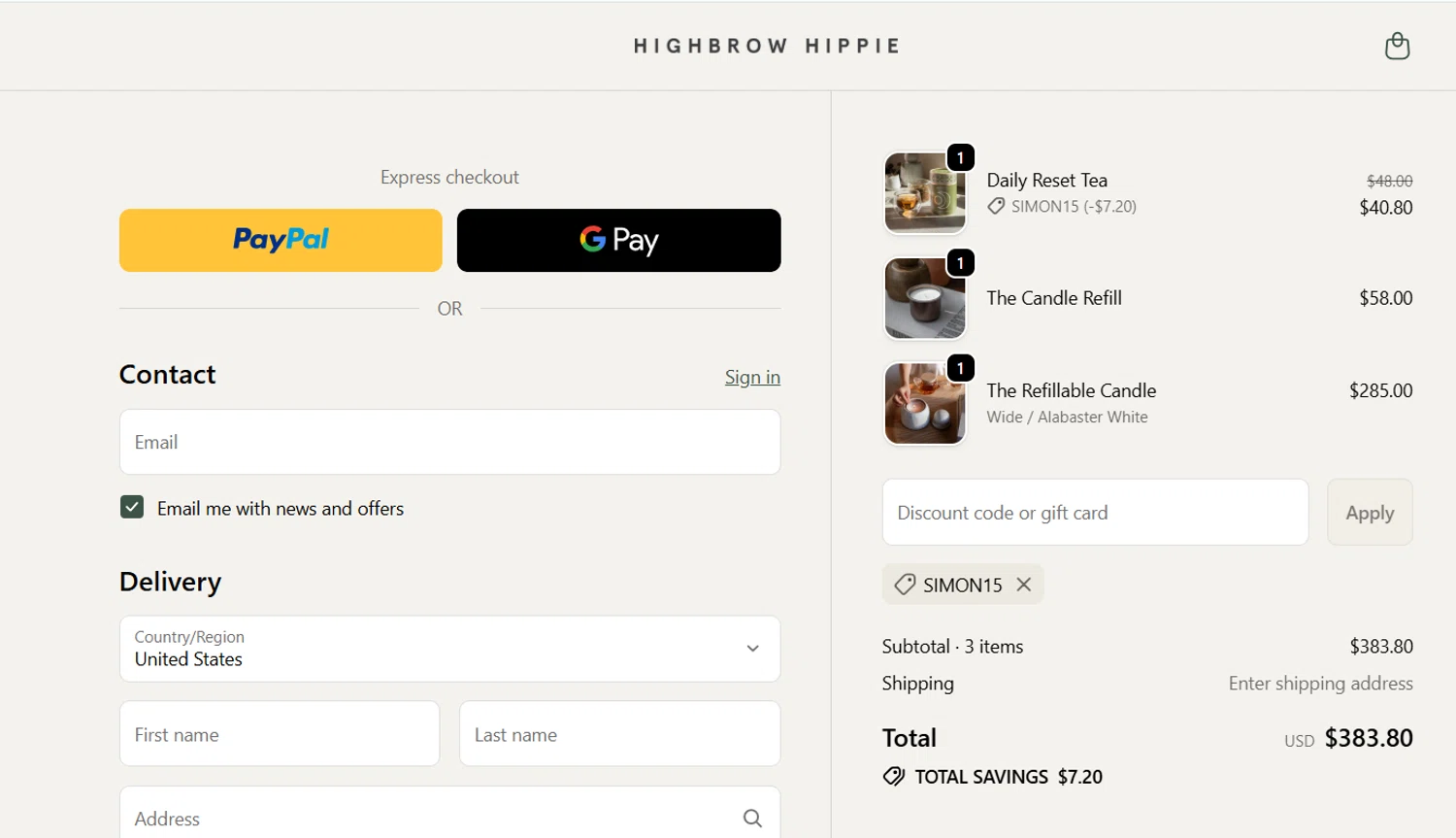 Highbrow Hippie discount code screenshot showing code SIMON15 applied at Highbrow Hippie checkout page. Uploaded by SimplyCodes community member Selesbarbera24 on Dec 28, 2025