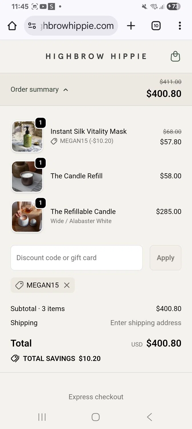 Highbrow Hippie discount code screenshot showing code Megan15 applied at Highbrow Hippie checkout page. Uploaded by SimplyCodes community member KarinaHZ on Dec 29, 2025