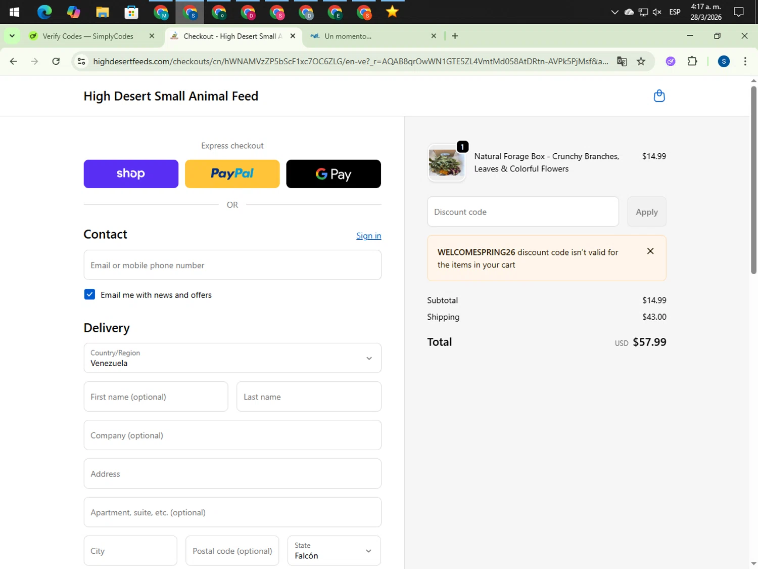 High Desert Small Animal Feed promo code screenshot showing code WelcomeSpring26 applied at High Desert Small Animal Feed checkout page. Uploaded by SimplyCodes community member 00000007 on Mar 28, 2026