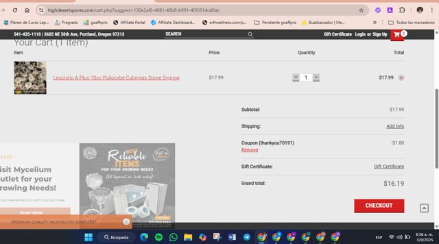 High Desert Spores checkout page showing High Desert Spores coupon code box | Screenshot taken by SimplyCodes community member on Sep 3, 2025