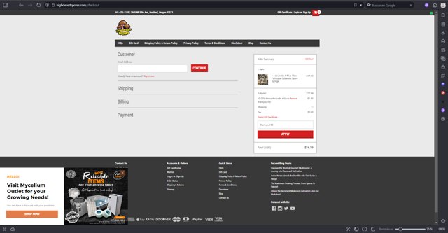 High Desert Spores checkout page showing High Desert Spores coupon code box | Screenshot taken by SimplyCodes community member on Sep 3, 2025
