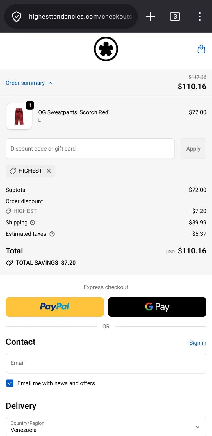 Highest Tendencies promo code screenshot showing code HIGHEST applied at Highest Tendencies checkout page. Uploaded by SimplyCodes community member ComeBurra123 on Jun 5, 2026