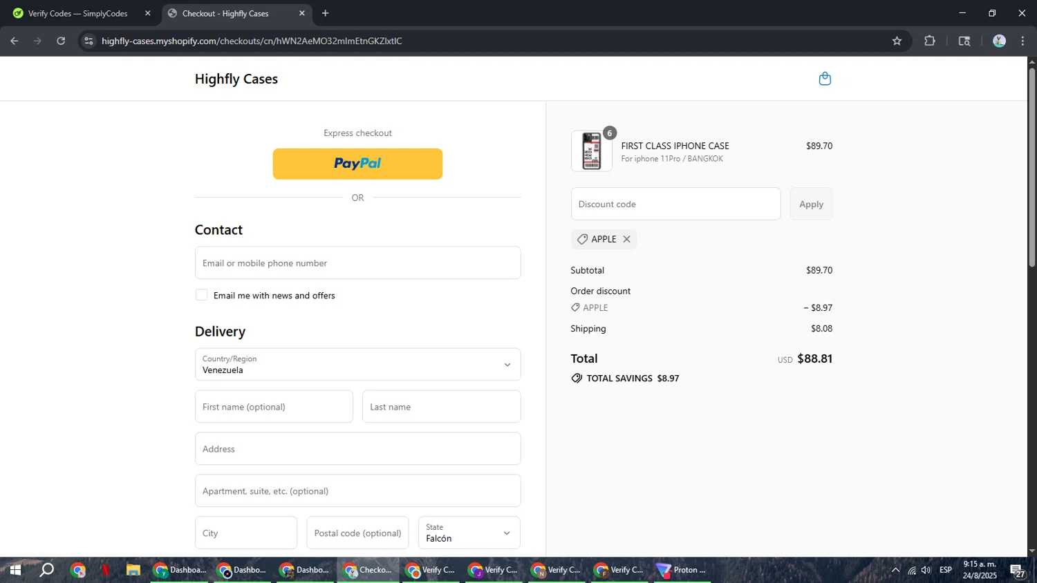 Highfly Cases promo code screenshot showing code APPLE applied at Highfly Cases checkout page. Uploaded by SimplyCodes community member ShrewdSeeker6165 on Aug 24, 2025