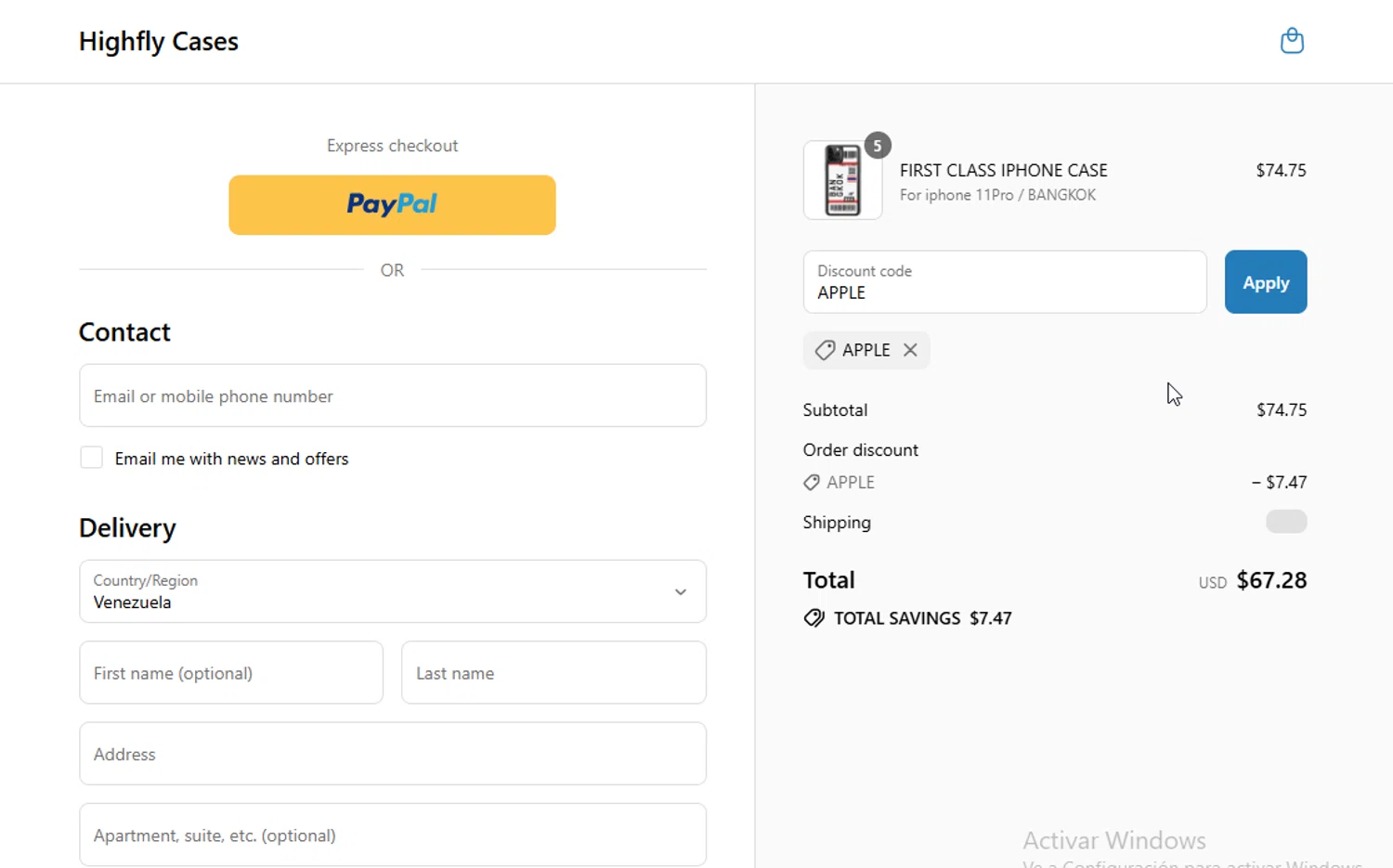 Highfly Cases promo code screenshot showing code APPLE applied at Highfly Cases checkout page. Uploaded by SimplyCodes community member VictoriousElite9587 on Jul 26, 2025