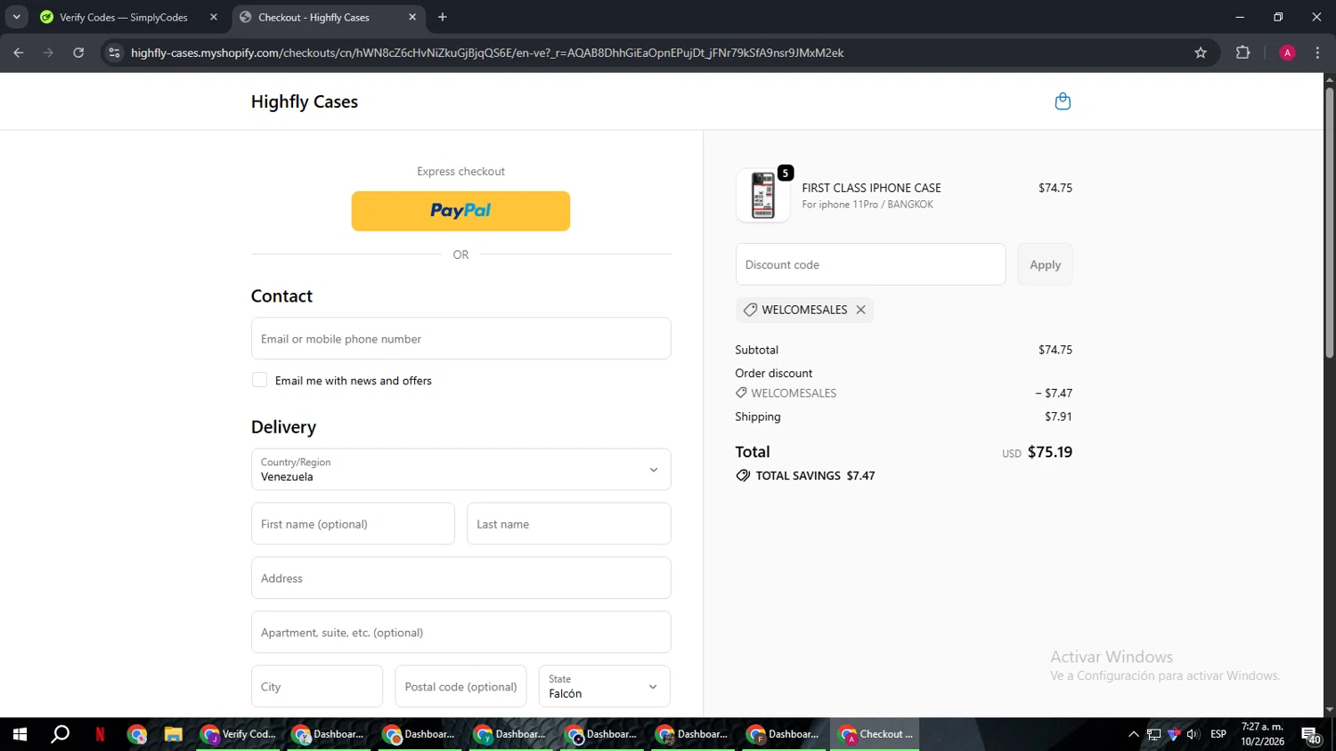 Highfly Cases checkout page showing Highfly Cases promo code box | Screenshot taken by SimplyCodes community member on Feb 10, 2026