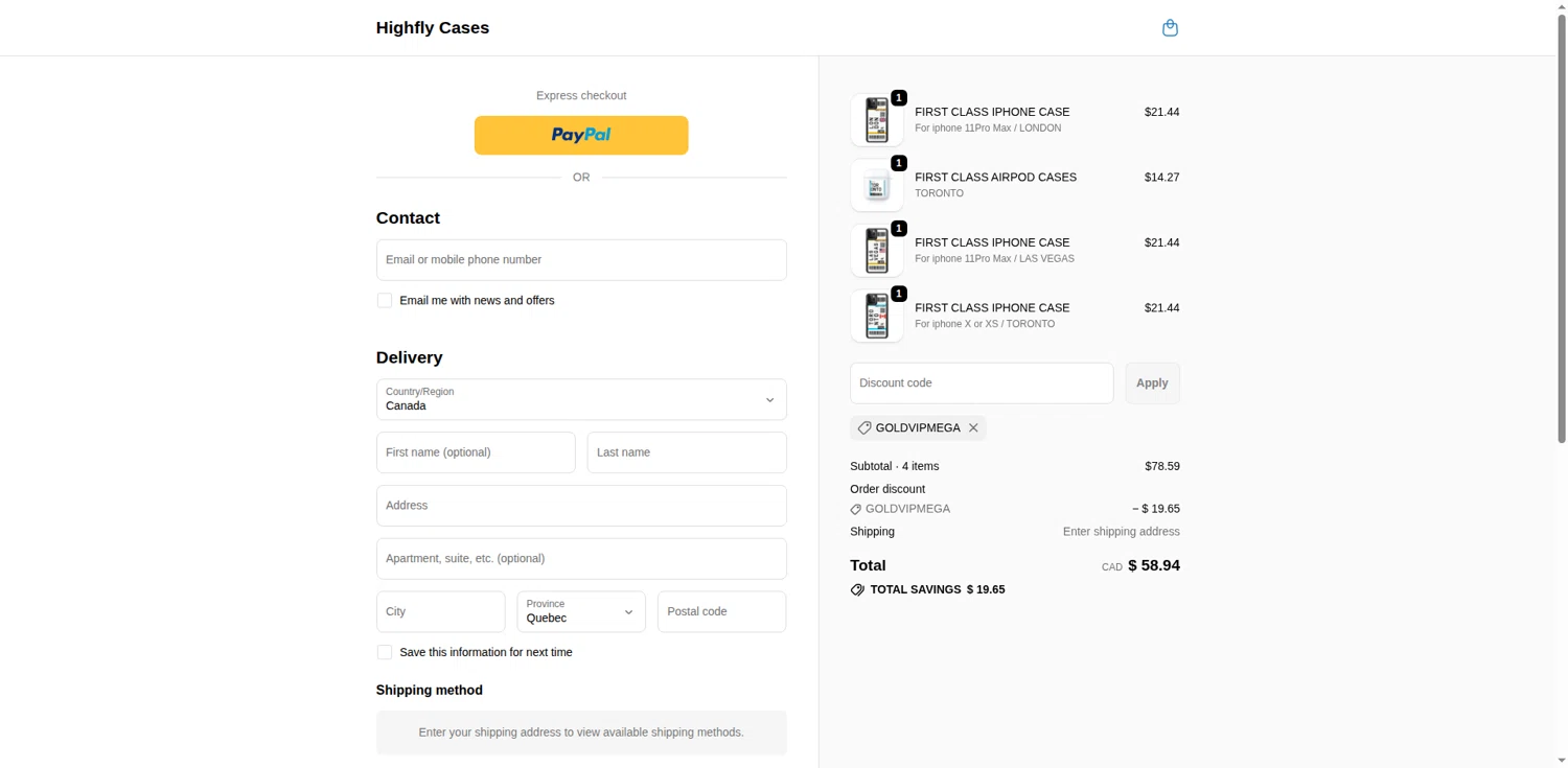 Highfly Cases promo code screenshot showing code GOLDVIPMEGA applied at Highfly Cases checkout page. Uploaded by SimplyCodes community member MightyMaestro356 on Nov 20, 2025