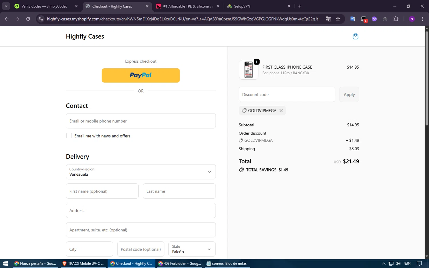 Highfly Cases promo code screenshot showing code GOLDVIPMEGA applied at Highfly Cases checkout page. Uploaded by SimplyCodes community member Voucher200 on Nov 27, 2025