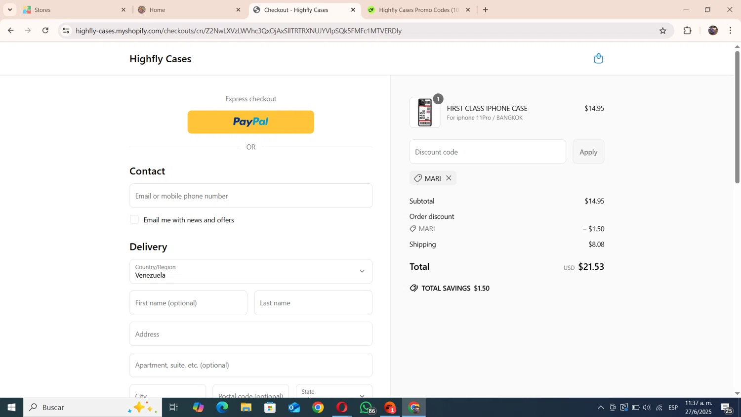 Highfly Cases promo code screenshot showing code MARI applied at Highfly Cases checkout page. Uploaded by SimplyCodes community member andresito16 on Jun 27, 2025