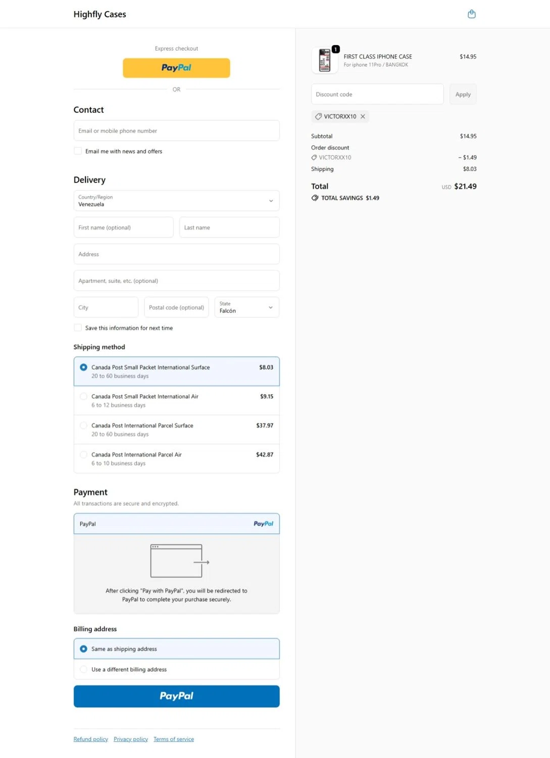 Highfly Cases promo code screenshot showing code VICTORXX10 applied at Highfly Cases checkout page. Uploaded by SimplyCodes community member belma123 on Nov 20, 2025