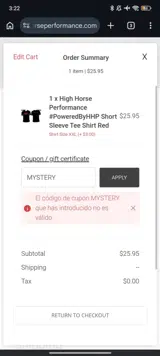High Horse Performance coupon verification screenshot