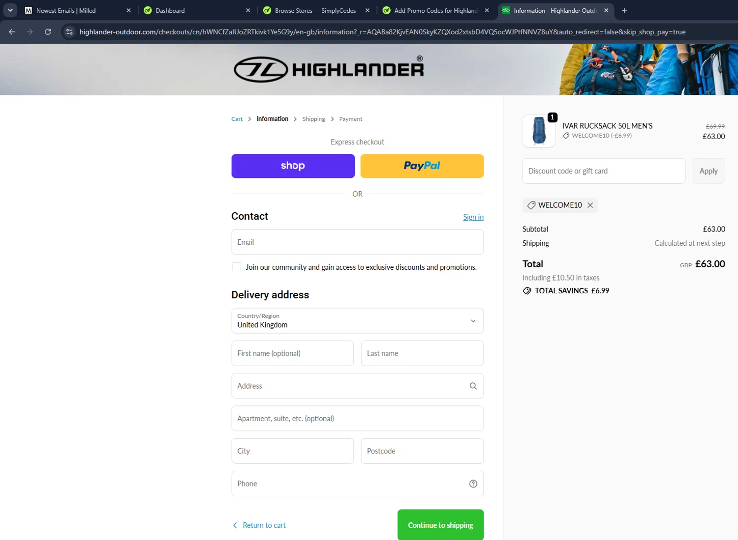 Highlander Outdoor promo code screenshot showing code WELCOME10 applied at Highlander Outdoor checkout page. Uploaded by SimplyCodes community member VictoriousCaptain3902 on Jun 5, 2026