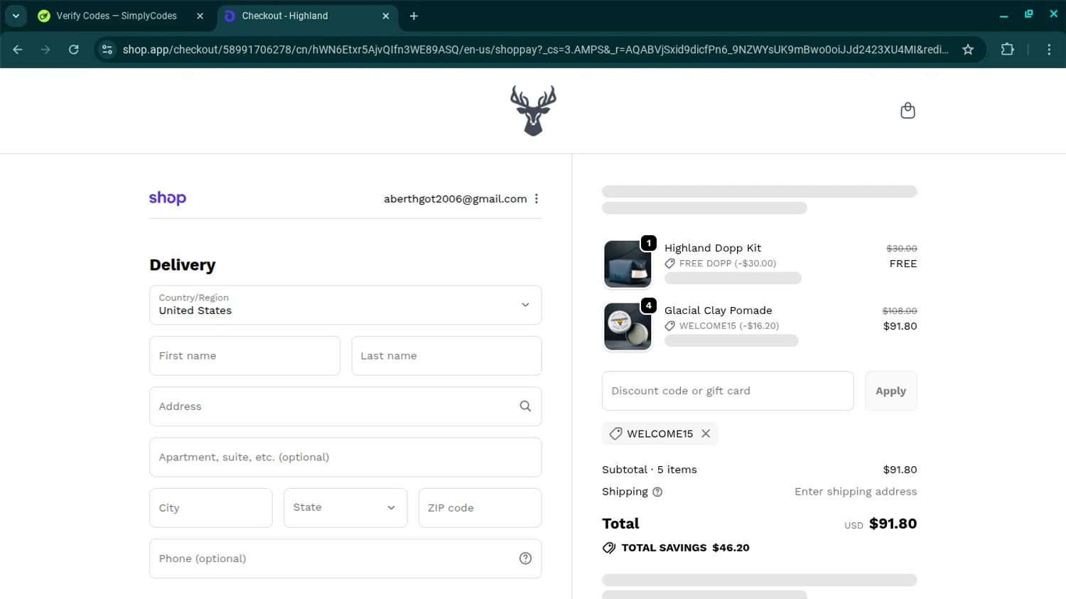 Highland Style discount code screenshot showing code WELCOME15 applied at Highland Style checkout page. Uploaded by SimplyCodes community member SwiftSage2309 on Dec 9, 2025
