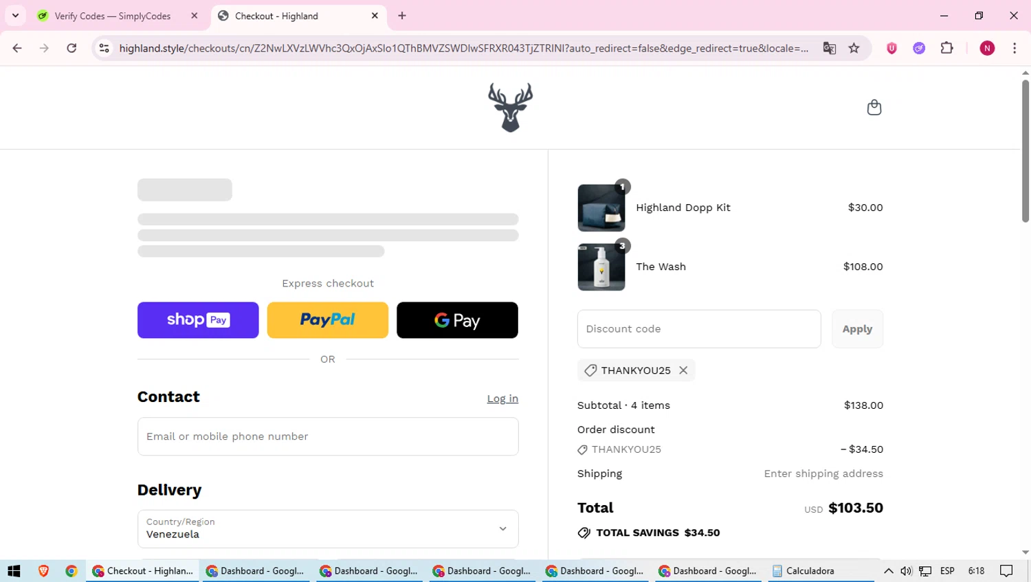 Highland Style discount code screenshot showing code thankyou25 applied at Highland Style checkout page. Uploaded by SimplyCodes community member CoinWizard8578 on Jul 2, 2025