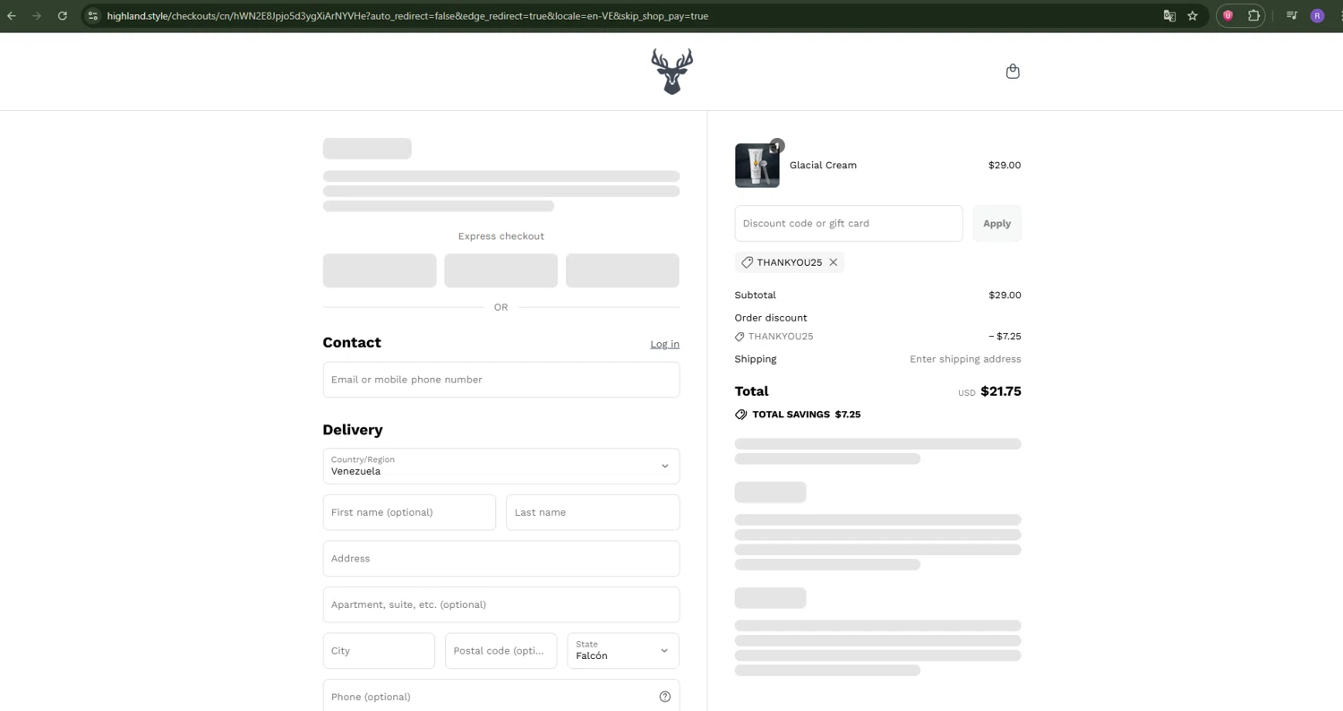 Highland Style discount code screenshot showing code thankyou25 applied at Highland Style checkout page. Uploaded by SimplyCodes community member Ron322 on Aug 26, 2025
